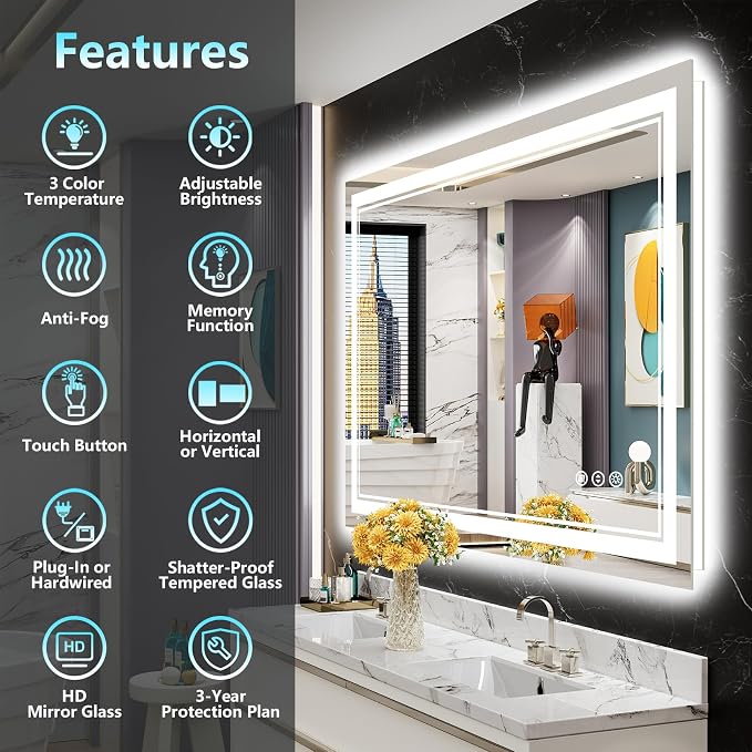 48x36 LED Bathroom Mirror with Lights, Backlit and Front Lit Anti-Fog Lighted - Image 2