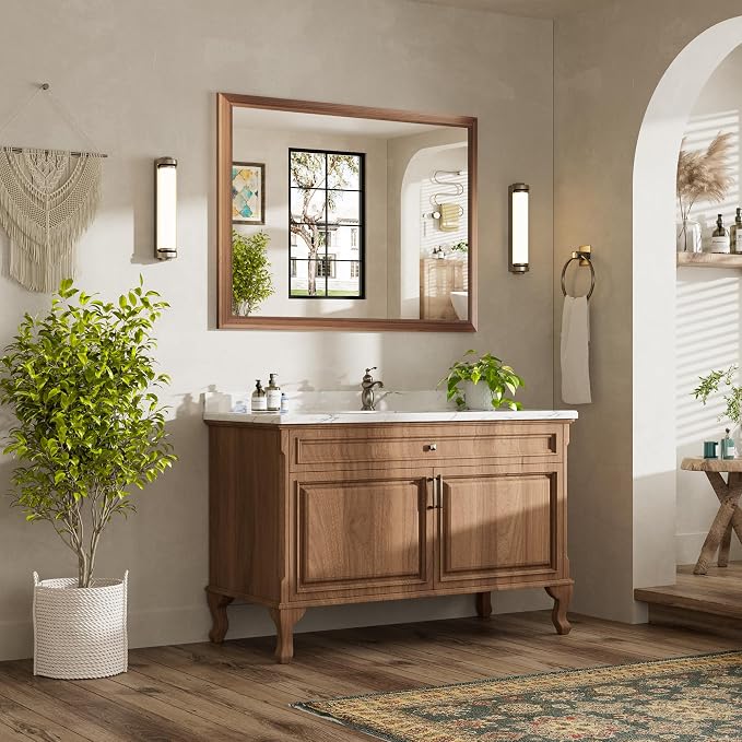 48x36 Inch Bathroom Mirror for Wall, Anti-Rust Walnut Wood Grain Metal Framed - Image 3