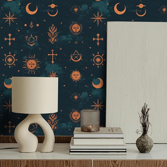 FLFK Mystic Peel and Stick Wallpaper 16" x 128" Moody Dark Blue & Orange - Image 3
