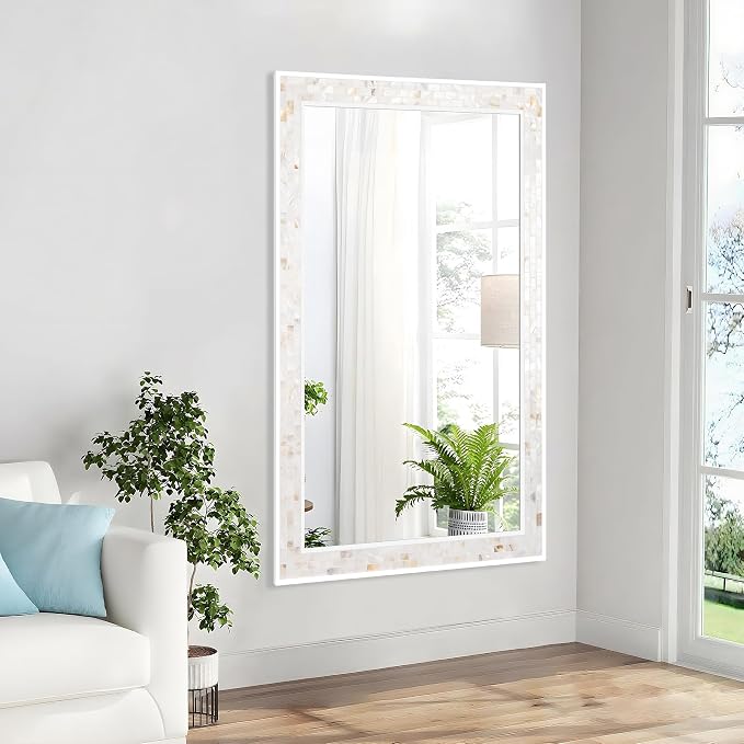 Tanmicoshomy 30 x 48 Inch White Bathroom Mirror, Natural Shell Framed - Image 2
