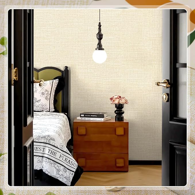 Amiya Grasscloth Cream Wallpaper Peel and Stick Beige Faux Fabric Linen Contact - Image 7