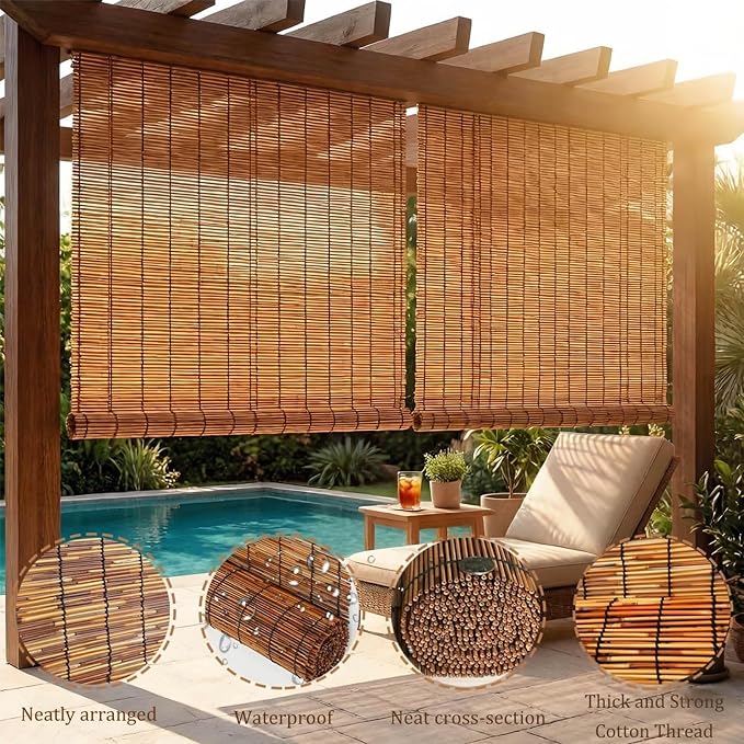 Bamboo Roller Shades for Outdoor Patio, Waterproof Sun Shades Privacy Blinds - Image 3