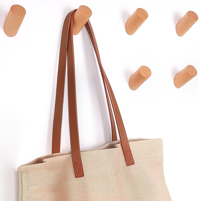Felidio Wood Wall Hooks, 6 Pack Natural Wooden Coat Hooks Wall-Mounted by Felidio