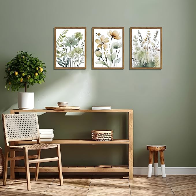 Wood Framed Sage Green Botanical Wall Art Set of 3, Boho Floral Canvas Wall - Image 2