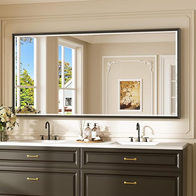 Keonjinn 72" x 36" Large Black Bathroom Vanity Mirror, Brushed Black Framed by Keonjinn