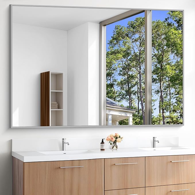 KOCUUY Silver Bathroom Mirror, HD Tempered Glass, Anti-Rust Brushed Silver Frame by KOCUUY