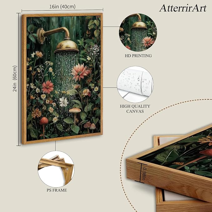 AtterrirArt Framed Bathroom Funny Wall Art, 16 * 24inch, Vintage Floral Shower - Image 4