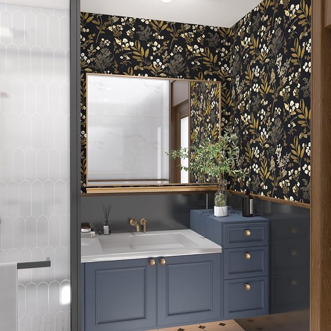 Laatse Black Gold Wallpaper Peel and Stick Dark Floral Wallpaper 17.5in x 118in - Image 5