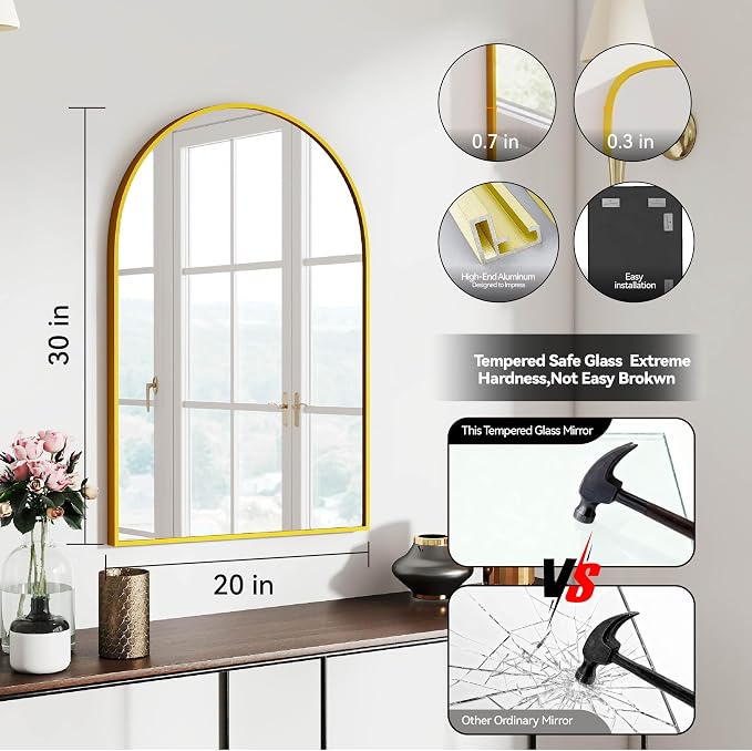 SCWF-GZ 30x20 Arch Mirror Rectangle Wall Mounted Hanging or Against Wall Metal - Image 3