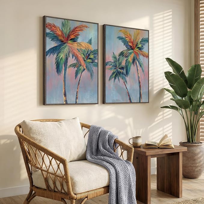 Framed Colorful Coastal Palm Tree Wall Art Bedroom, Large Pop Art Coastal - Image 2