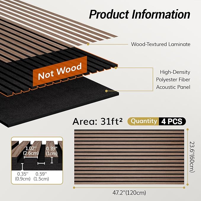 TONOR Dual-Layer Thickened Acoustic Wood Wall Panels Self Adhesive, 4 Pack - Image 2