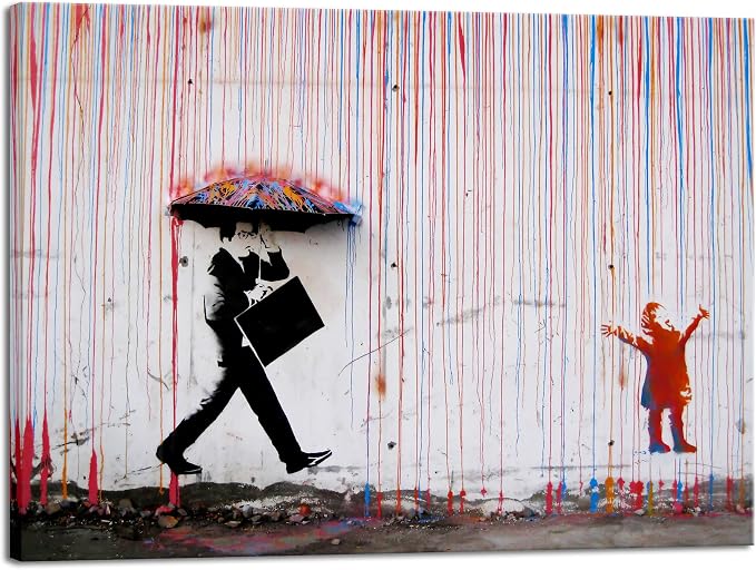 Wieco Art Banksy Raining Day or Colorful Graffiti Street Famous Canvas Prints by WiecoArt