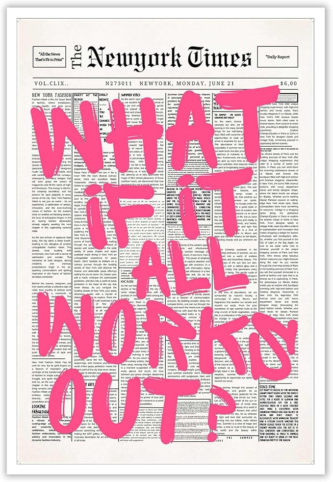 Drimiler Retro Newspaper Pink Font Poster What If It All Works Out Canvas Wall by Drimiler