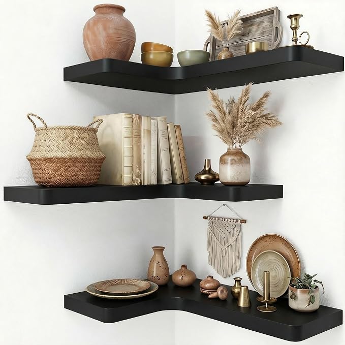 16 Inch Solid Wood Floating Corner Shelves 3 Pack by Unknown