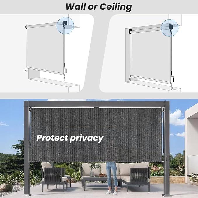 8'W x 8'H Gray Patio Shades Roll up Outdoor Roller Shade Crank Wand Blind - Image 6
