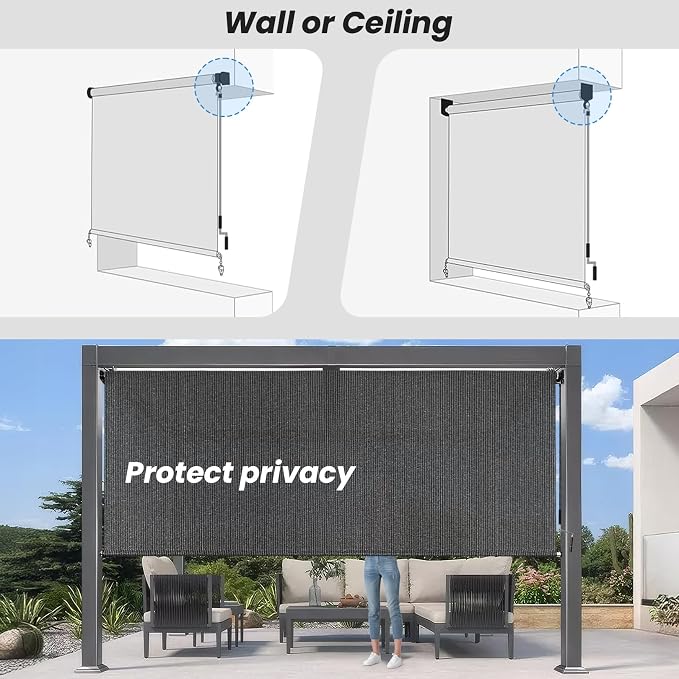 6'W x 8'H Gray Patio Shades Roll up Outdoor Roller Shade Crank Wand Blind - Image 6