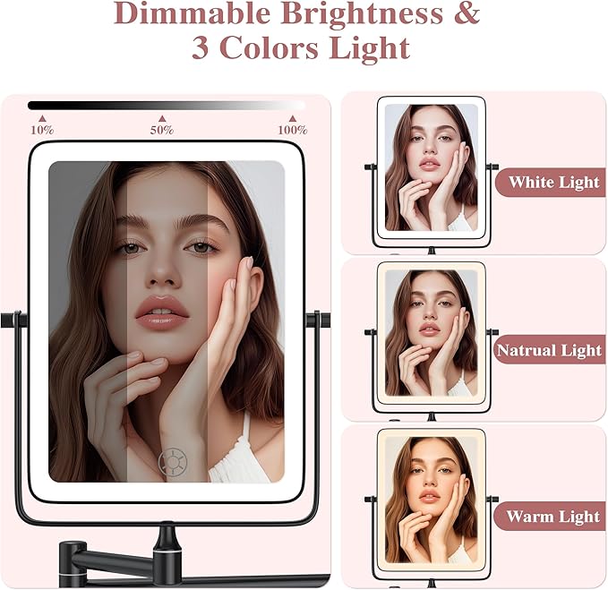Wall Mounted Lighted Makeup Mirror, Rectangle Double Sided 1X/10X Magnifying - Image 3