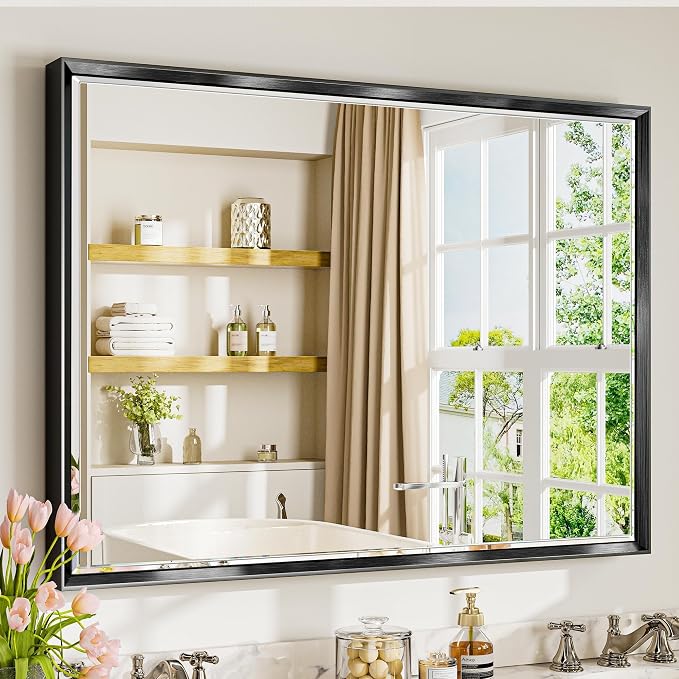 40 x 30 Black Framed Mirror for Bathroom, Beveled Black Bathroom Vanity Mirror by QUEENFUN