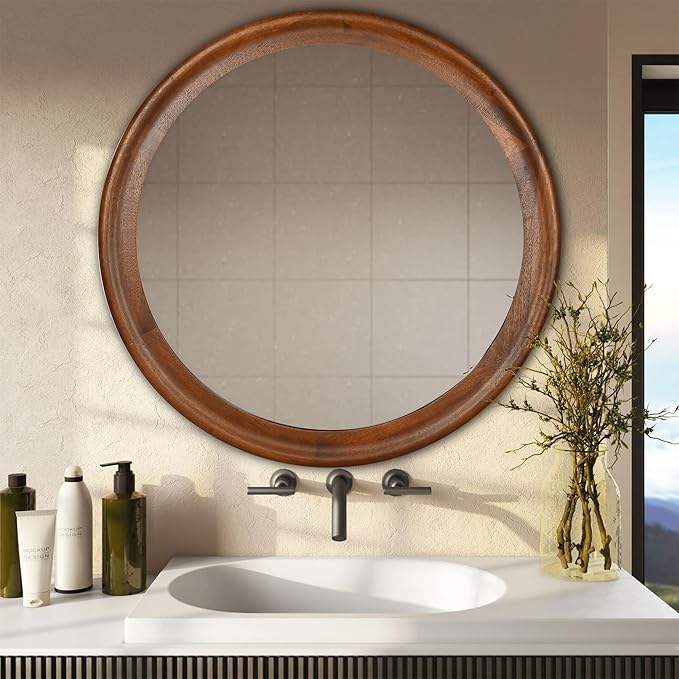 CULER Round Wall Mirrors 30 Inch, Wood Rustic Decorative Transitional Mirror - Image 5