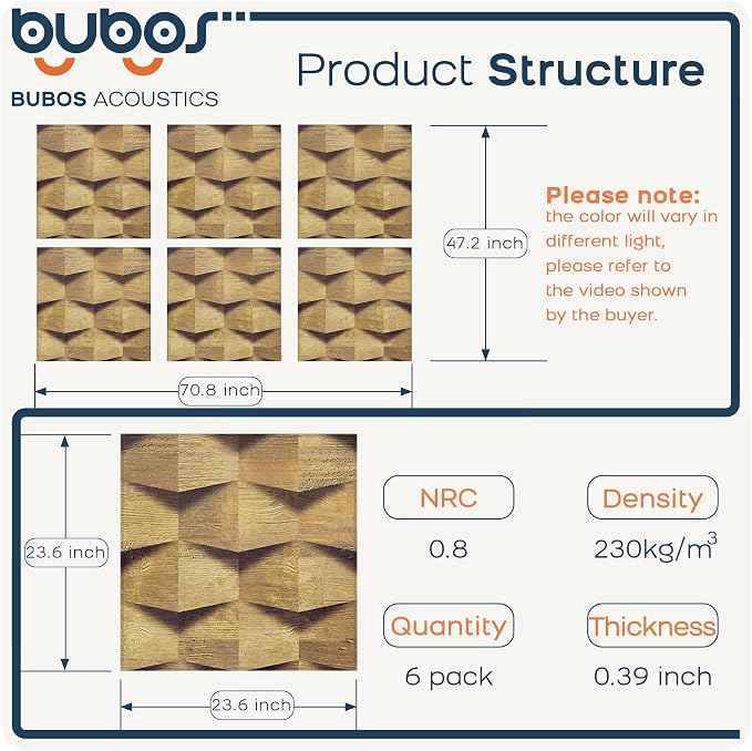 BUBOS Self-Adhesive Acoustic Wall Panels, 6 Pack Wood-Pattern Soundproof Wall - Image 2