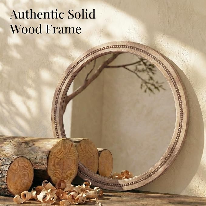 30" Round Solid Wood Mirror for Bathroom Vanity, Handcrafted Beaded Circle Wall - Image 4