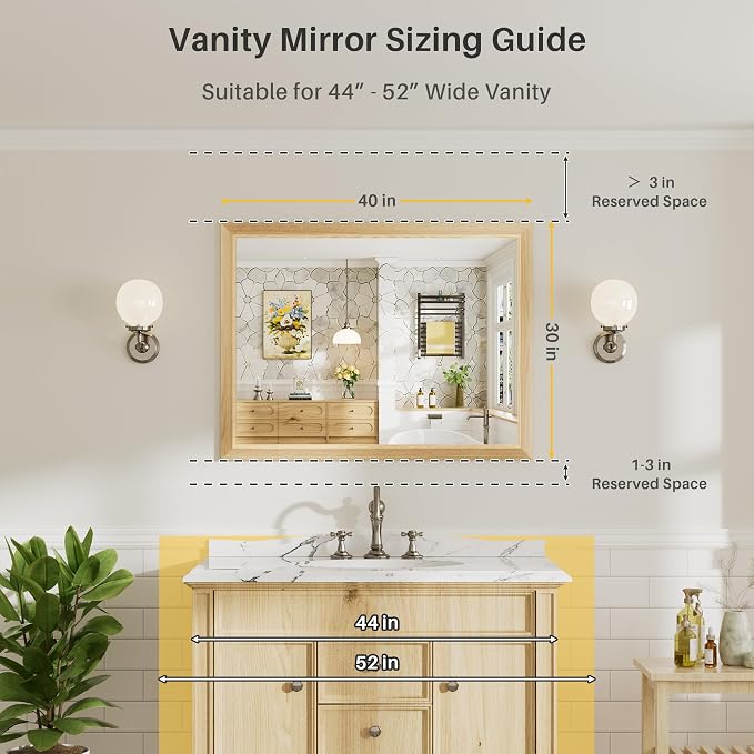 40x30 Inch Bathroom Mirror for Wall, Anti-Rust Oak Wood Grain Metal Framed - Image 2