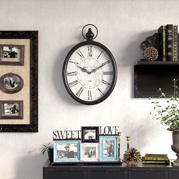 Menterry Oval Retro Wall Clock, Rustic Vintage Style, Battery Operated Silent - Image 6