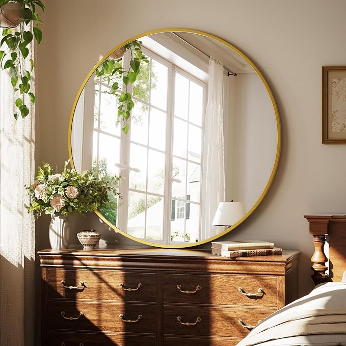 XRAMFY 42 Inch Round Gold Metal Wall Mirror - Image 2