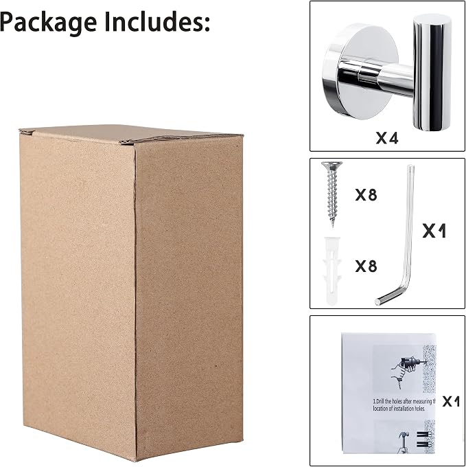 4 Pack Bath Towel Hooks, Wall Mount Towel Holder Chrome Finish Towel Rack - Image 6
