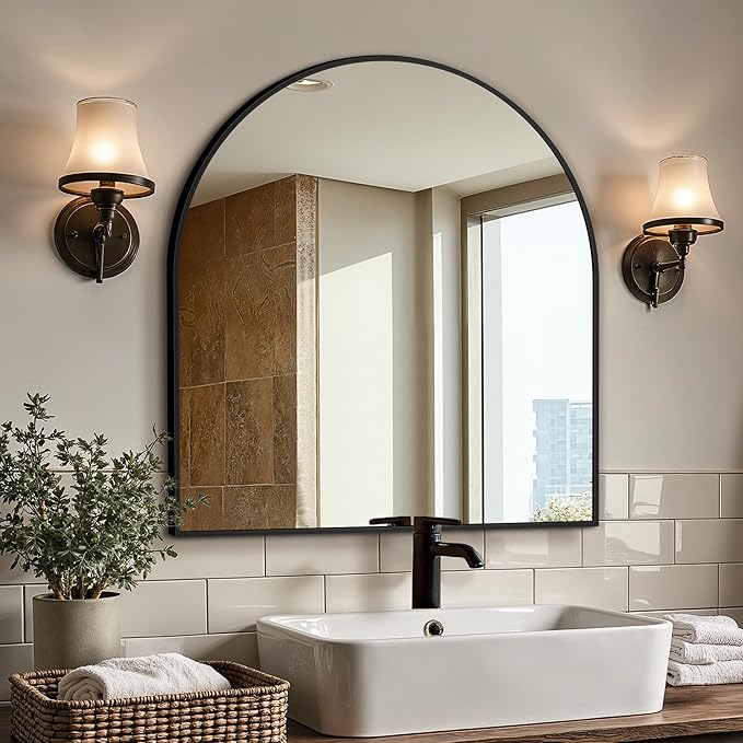 Vanity Bathroom Mirror for Wall, 32”x30” Arched Bathroom Mirror for Over Sink by LawadaMirror