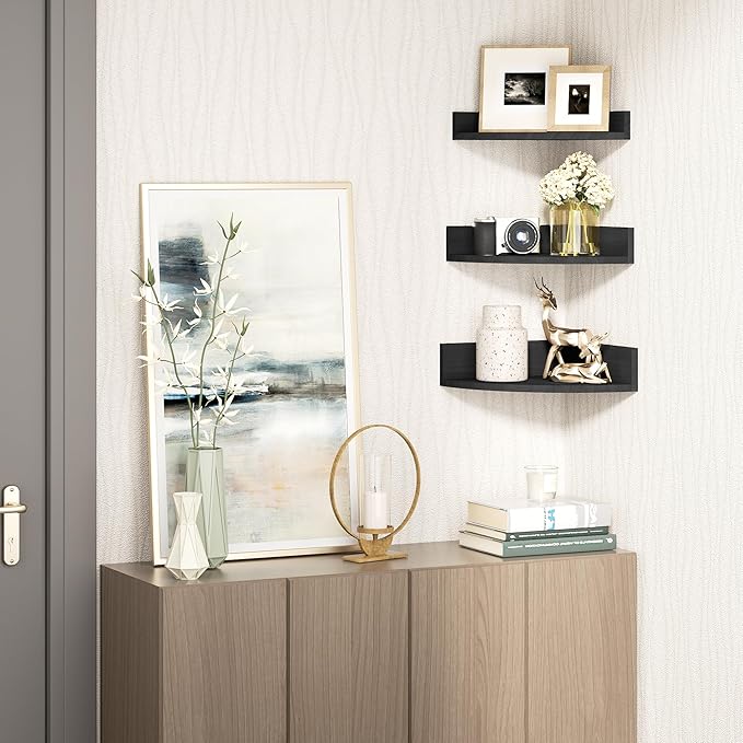 Alsonerbay Black Corner Shelf Wall Mount, Rustic Wood Shelves - Image 2