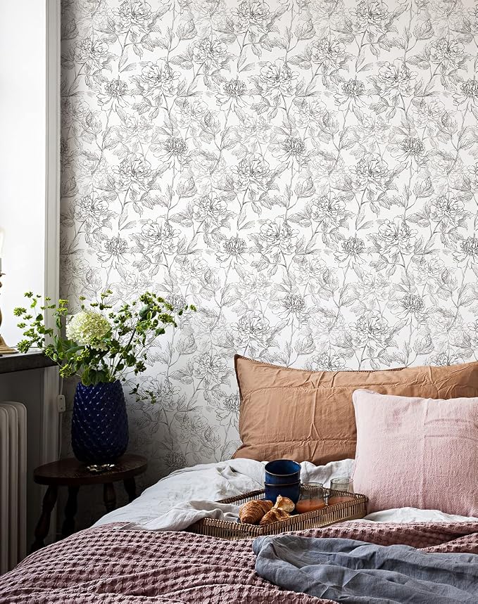 JiffDiff Floral Wallpaper Black & White Peel and Stick Vintage Peony Wall Paper - Image 3