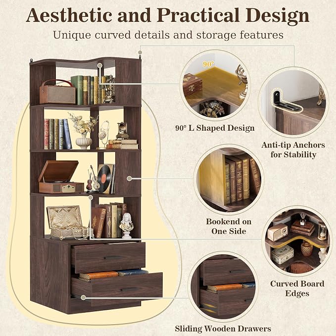 Armocity Corner Bookshelf with Drawers, 7 Tier Corner Book Shelf Display - Image 4