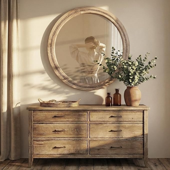 30" Round Solid Wood Mirror for Bathroom Vanity, Handcrafted Beaded Circle Wall - Image 6