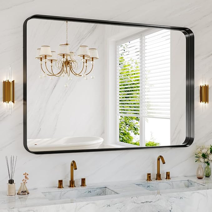 48X36 Inch Black Metal Framed Bathroom Mirror - Image 8