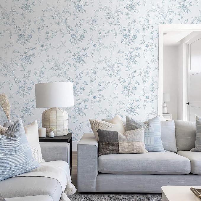 Ismoon Blue Wallpaper Peel and Stick Floral Vintage Stick on Wall Paper French - Image 6