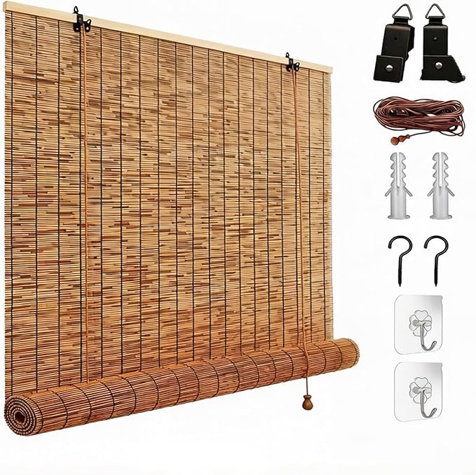 Bamboo Roller Shades for Outdoor Patio, Waterproof Sun Shades Privacy Blinds by Unknown
