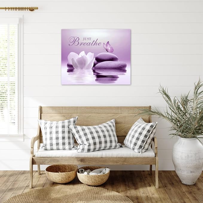 EOBTAIN Zen Bathroom Wall Art Butterfly and Flower Stone Relaxing Just Breathe - Image 2