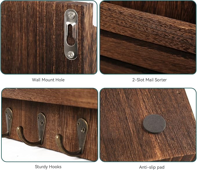 Mail Organizer Wall Mount with 4 Key Hooks, Rustic Wooden Hanging Mail Sorter - Image 3