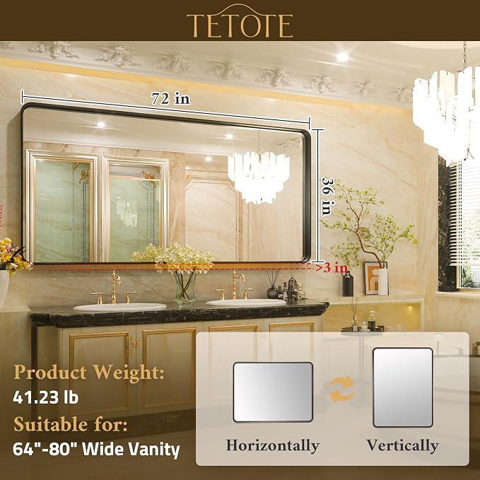 TETOTE 72 x 36 Inch Black Bathroom Mirror, Rectangle Matte Metal Frame Wall - Image 6
