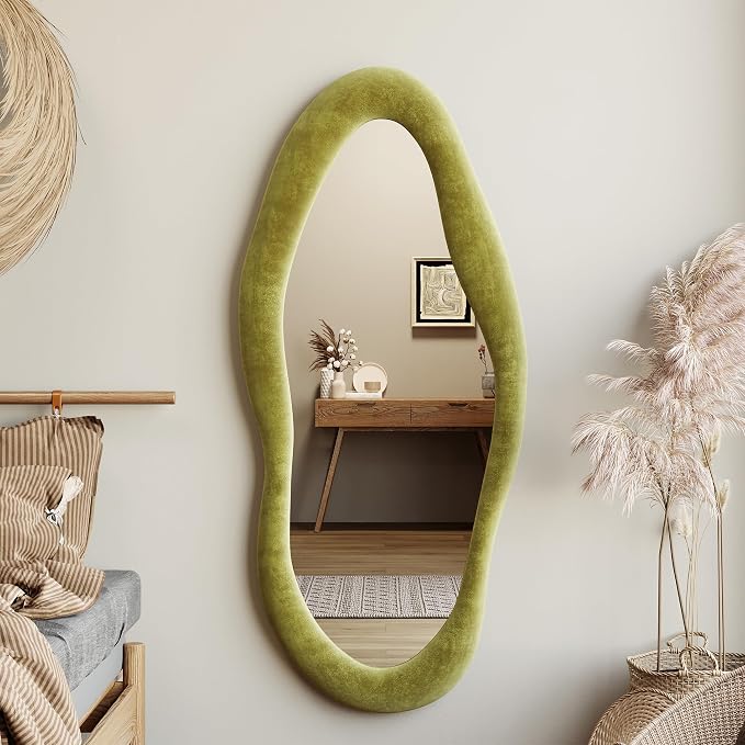 Honyee 55" x 24" Wavy Mirror, Flannel Wrapped Wooden Frame, Irregular Hanging - Image 2