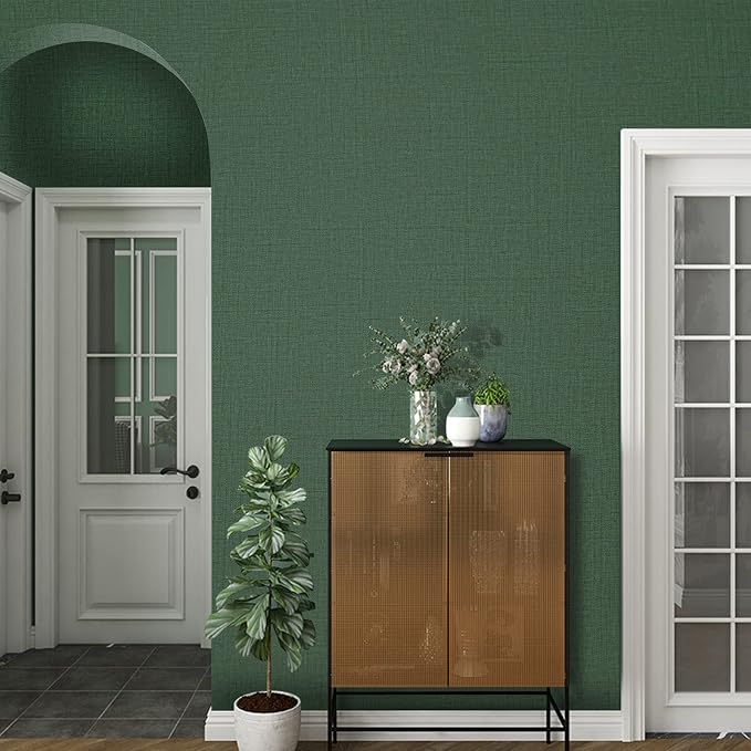 TANONE Dark Green Contact Paper Peel and Stick, Grasscloth Wallpaper Self - Image 4
