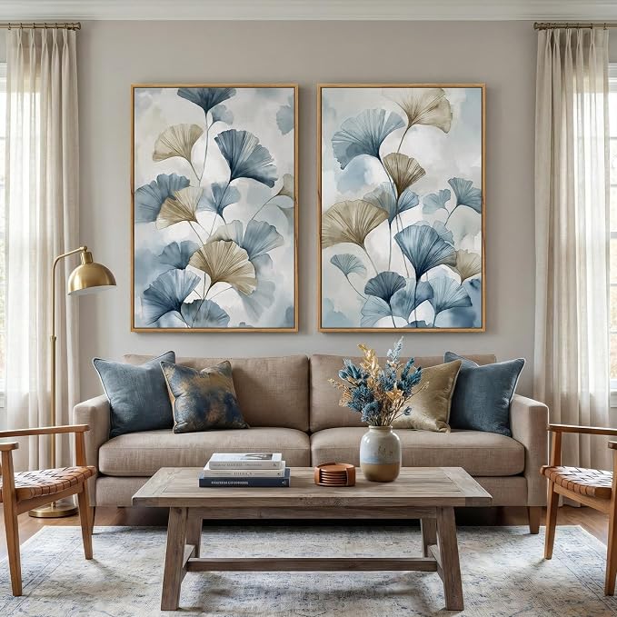 Large Framed Blue Botanical Wall Art Set of 2, Neutral Minimalist Canvas - Image 8