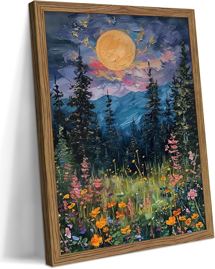 Framed Nature Forest Canvas Wall Art, Full Moon above Wildflowers and Woodland by Unknown
