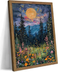 Framed Nature Forest Canvas Wall Art, Full Moon above Wildflowers and Woodland by Unknown