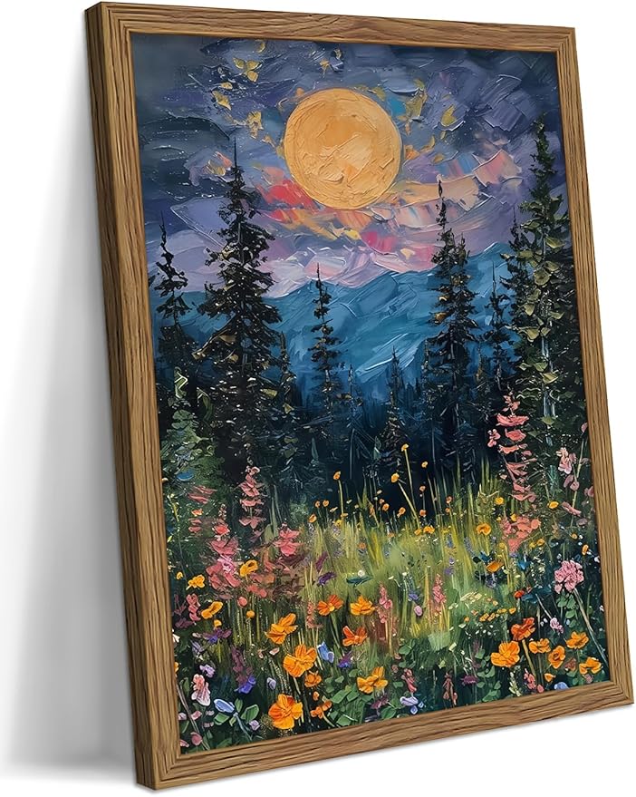 Framed Nature Forest Canvas Wall Art, Full Moon above Wildflowers and Woodland by Unknown