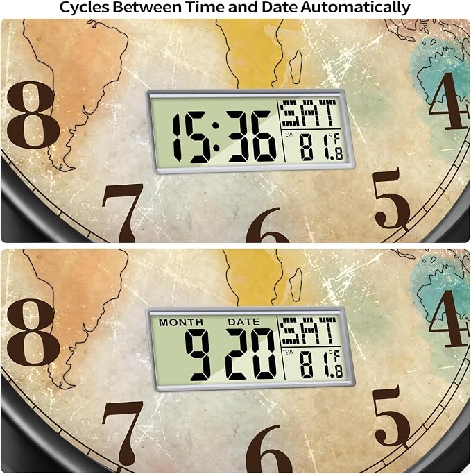14" Silent Non-Ticking Vintage Distressed World Map Wall Clock, Battery - Image 3