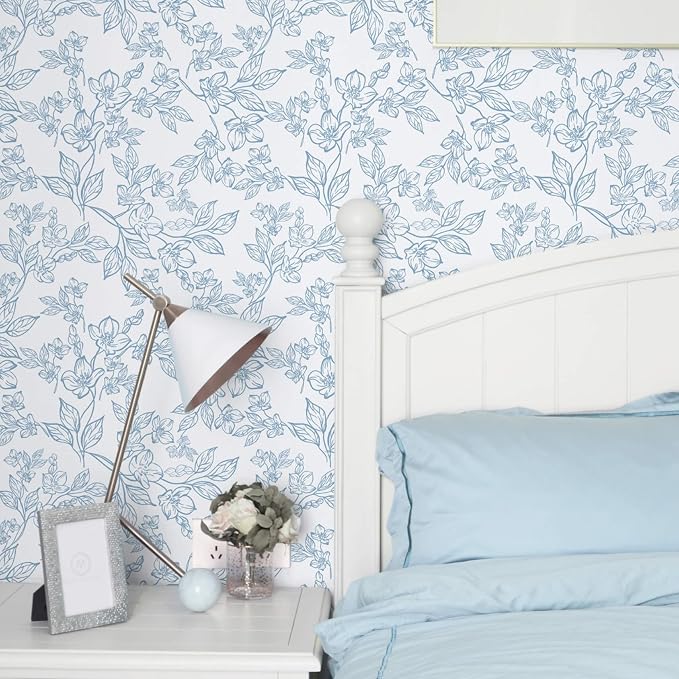 Ismoon Peel and Stick Wallpaper Blue and White Contact Paper Modern Flroal Wall - Image 4