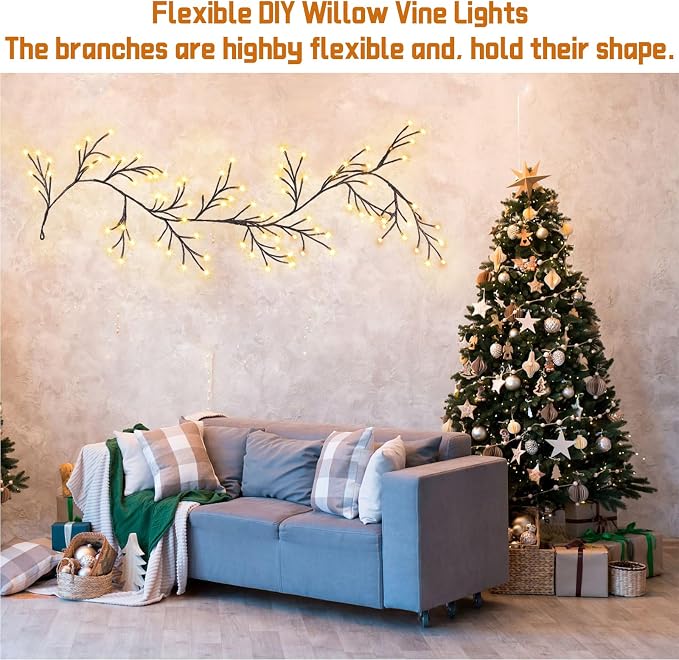 96 LED Willow Vine Lights 6FT Enchanted Wall Decoration Vine Lights 8 Modes - Image 3
