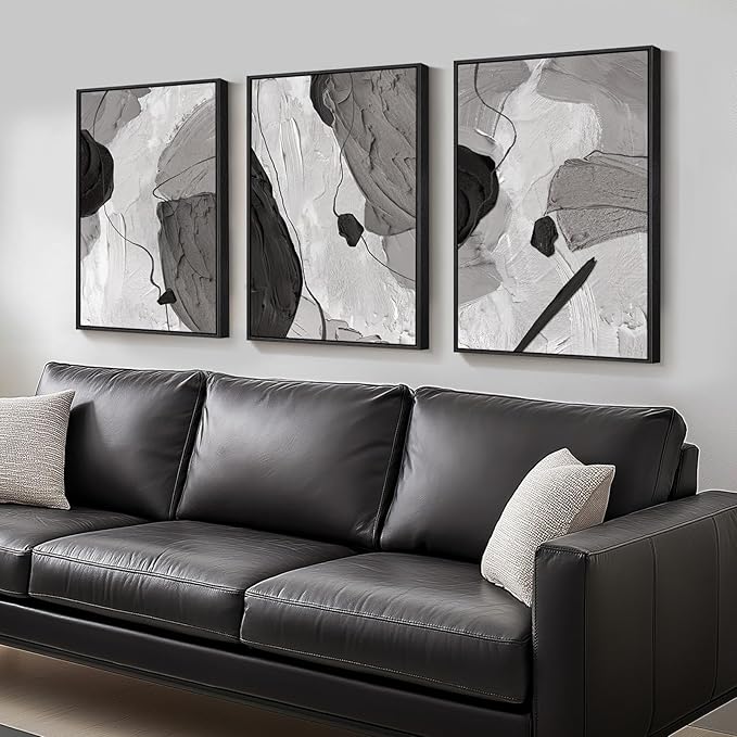 Large Framed Black and White Gray Abstract Wall Art, Minimalist Pictures by Cuspin